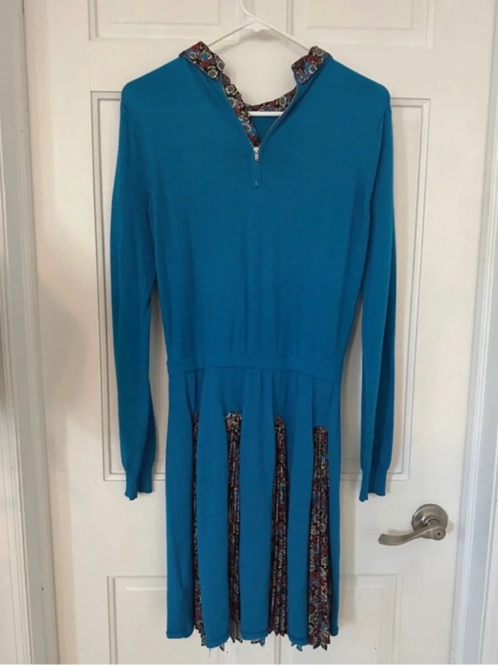 Teal Long-Sleeve Fit & Flare Dress with Floral Trim